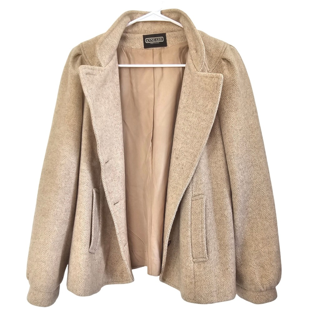 Anne-Gee Vintage Tan Herringbone Wool Blend Coat Made‎ in USA Beige Women's L